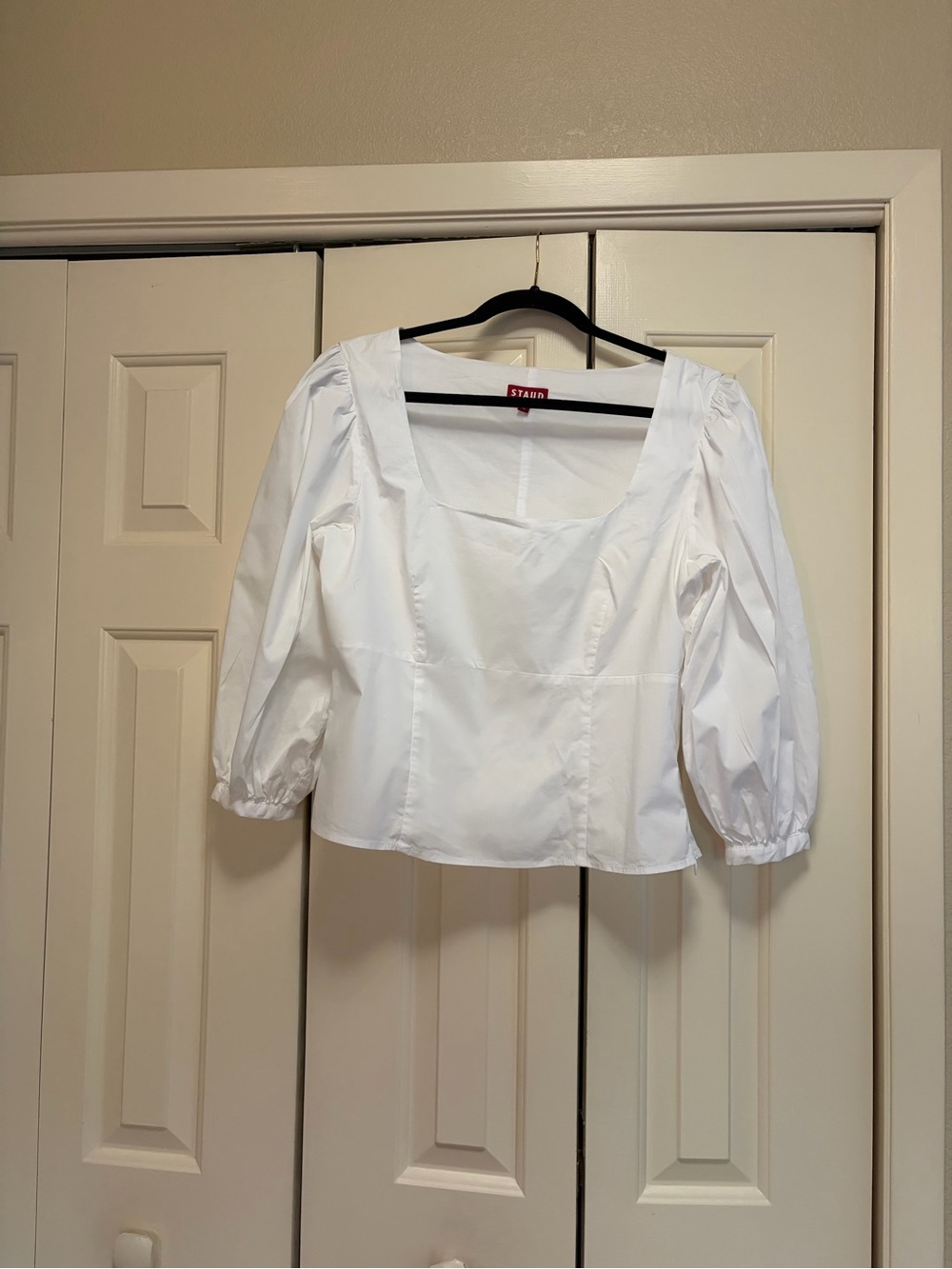STAUD White Square-Neck Puff Sleeve Blouse